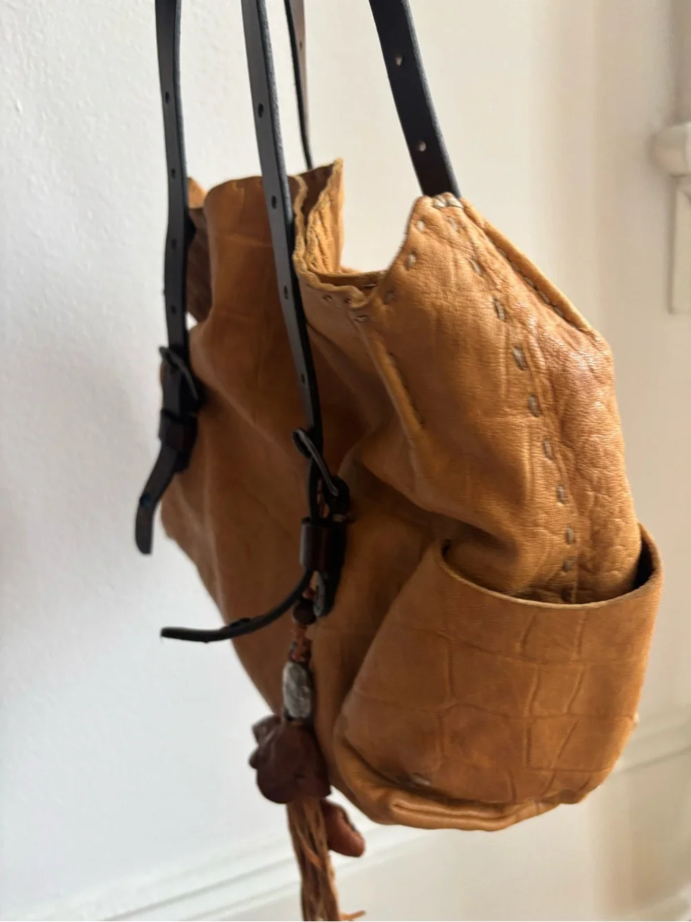 Caramel Brown Leather Hobo Bag with Dark Brown Strap and Tassel